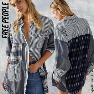 Free People Patchwork Button Down Shirt - Navy and White